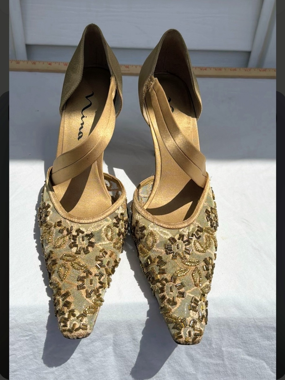 Nina Gold Beaded Pointed-Toe D'Orsay Heels